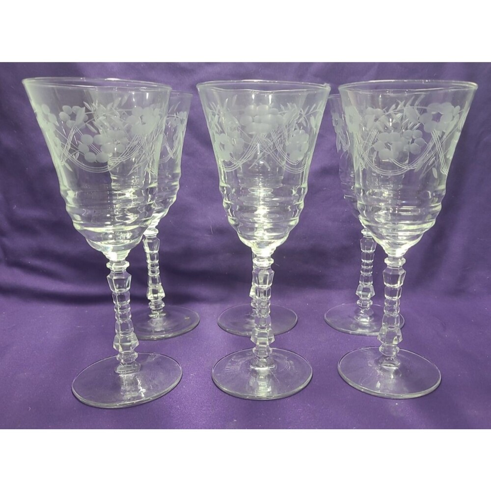 Libbey Set of 6 Rock Sharpe Etched Water Wine Glasses Stemware 7 7/8"